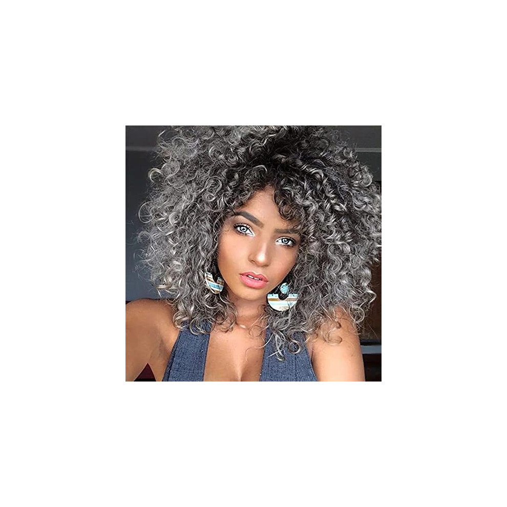 Short Afro Curly Wig for African Women, Grey Kinky 16 Inch Heat Resistant Synthetic with Wig Cap