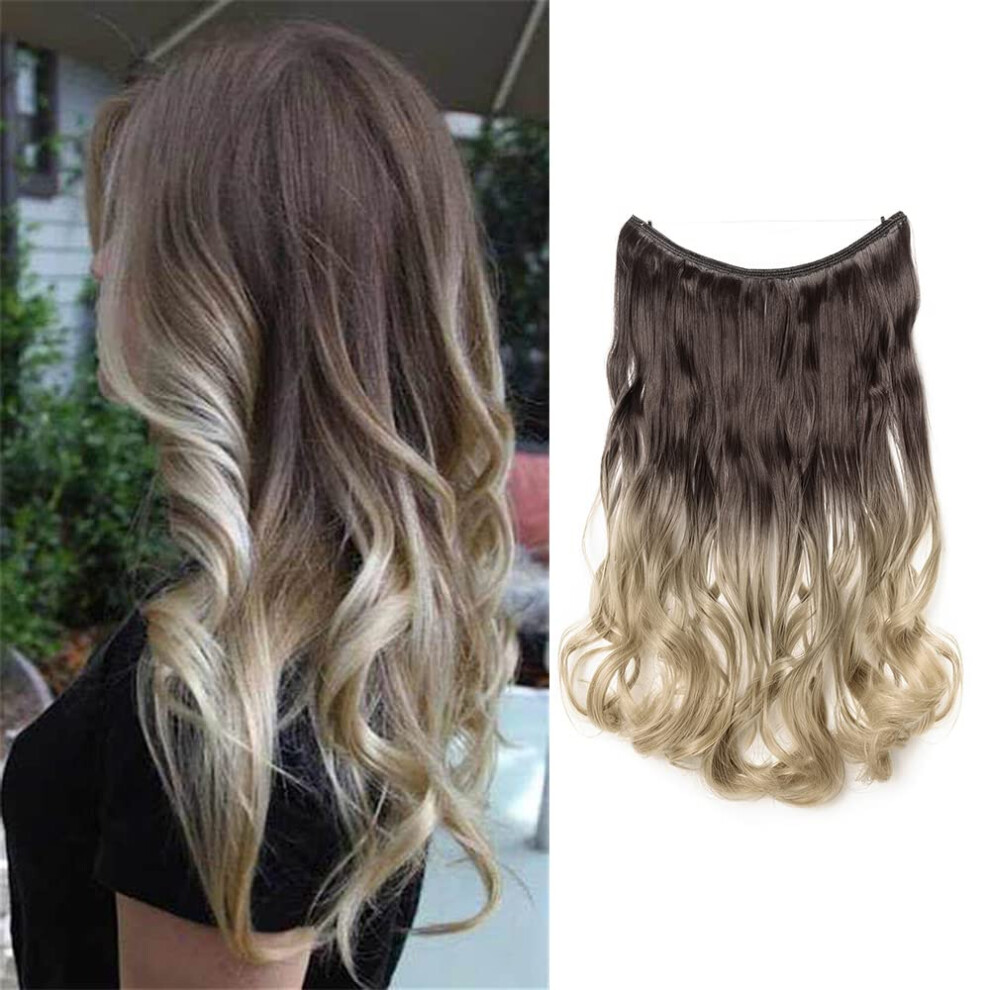 Unisex Brown 20 Inch Wavy Halo Hair Extensions Ombre Dark To Ash Blonde With Invisible Wire Fit