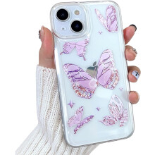 Kompatibel med iPhone14Case. Klar, lilla sommerfugledesign. Æstetisk, blødt og tyndt TPU-cover med stødsikker beskyttelse til kvinder og piger -
