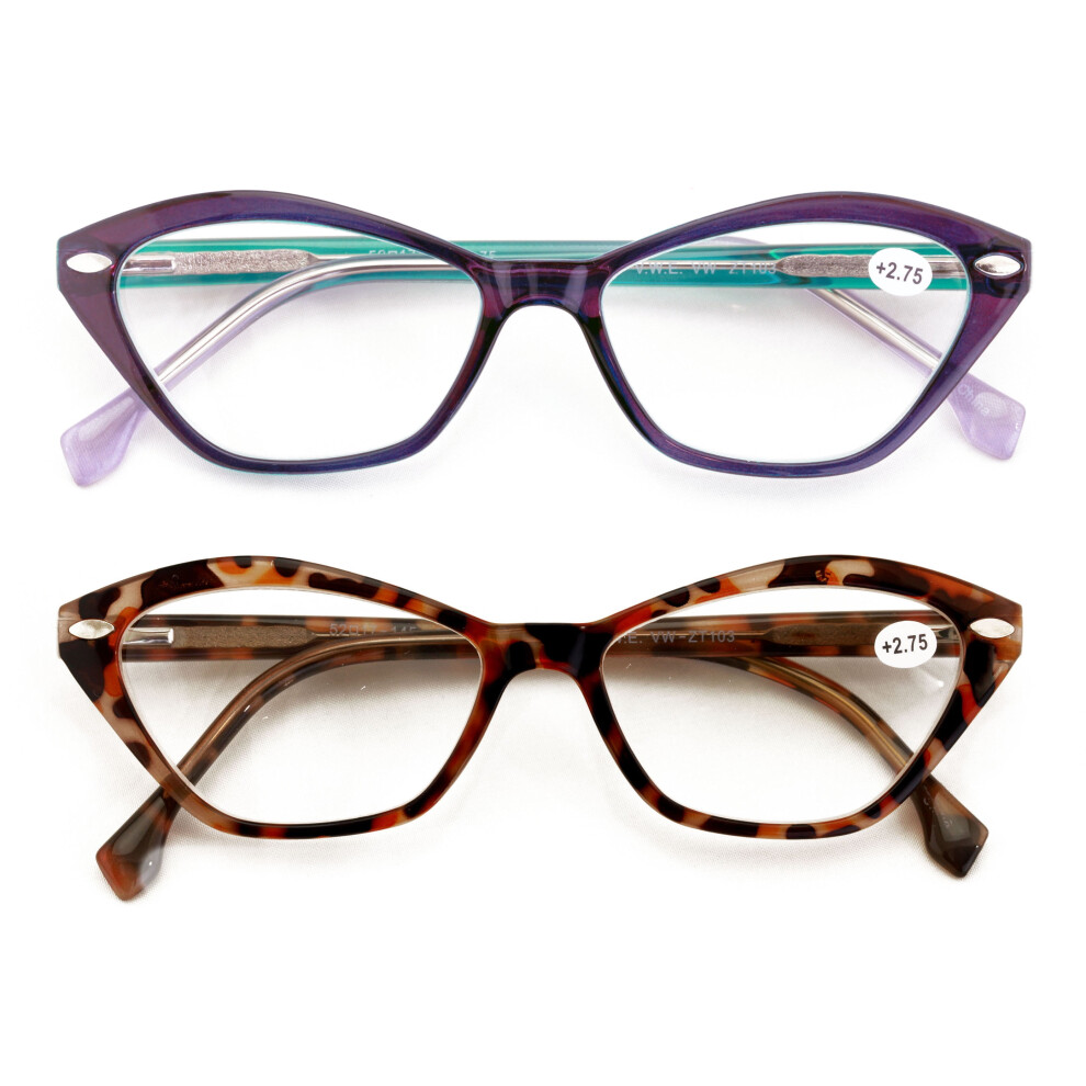2 Pairs Women Hexagon Cateye Fashion Optical Frame Reading Glasses - Clear Readers ZT103 +1.00
