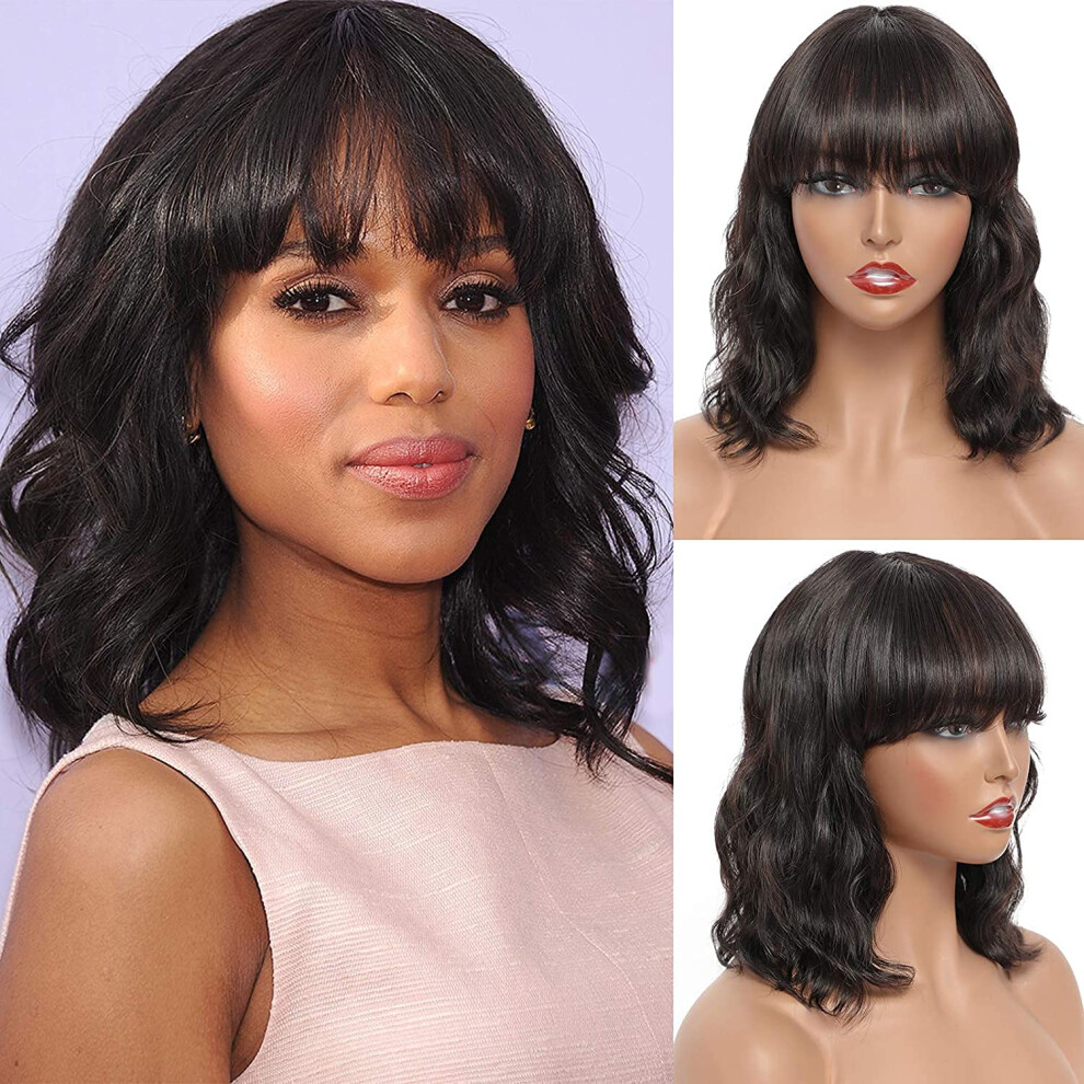 Human Hair Bob Wig 14 Inch Wavy with Bangs Natural Color 150% Density Heat Dye Friendly