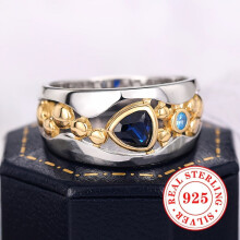 Vintage Boheemse ring van 925 sterling zilver met tweekleurige afwerking en driehoekig geslepen blauwe edelsteen, damesjuweel voor feestjes en
