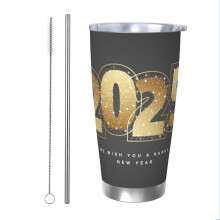 Frohes Neues Jahr 2025! Edelstahl-Trinkbecher, 590 ml Reisebecher, tragbarer Thermobecher mit Deckel