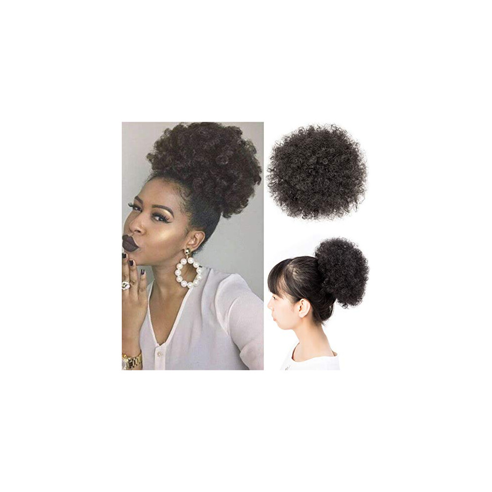 Unisex Black Afro Puff Drawstring Ponytail With Natural Kinky Curly Hair Bun Extension For Women