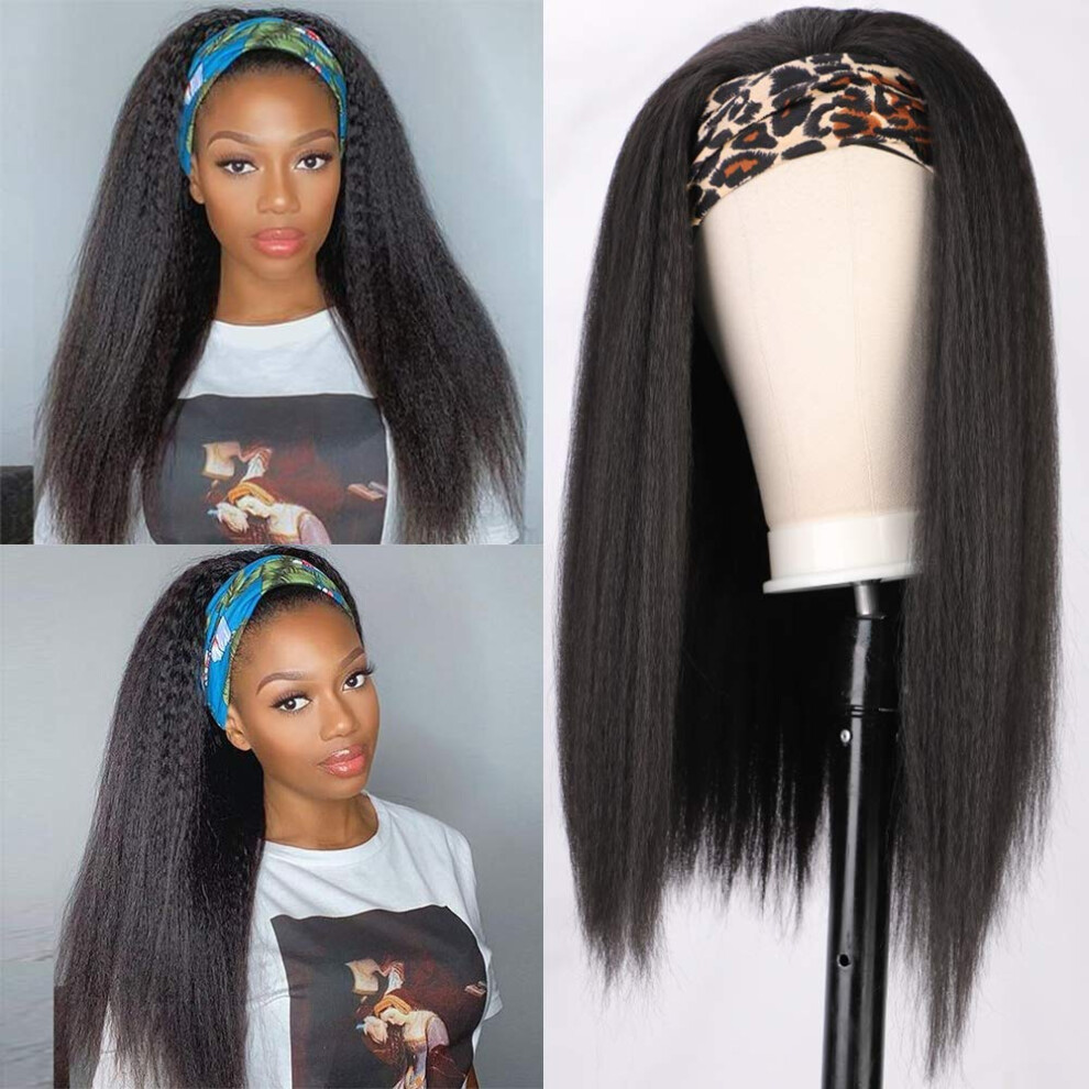 Unisex Black Headband Wig Yaki Kinky Straight For Women, Synthetic 22 Inch Heat Resistant Long