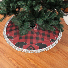 Jupe de sapin de Noël en dentelle à franges 122 cm - Motif rustique à carreaux style chalet avec cerfs, ours et animaux sauvages, rouge doux et