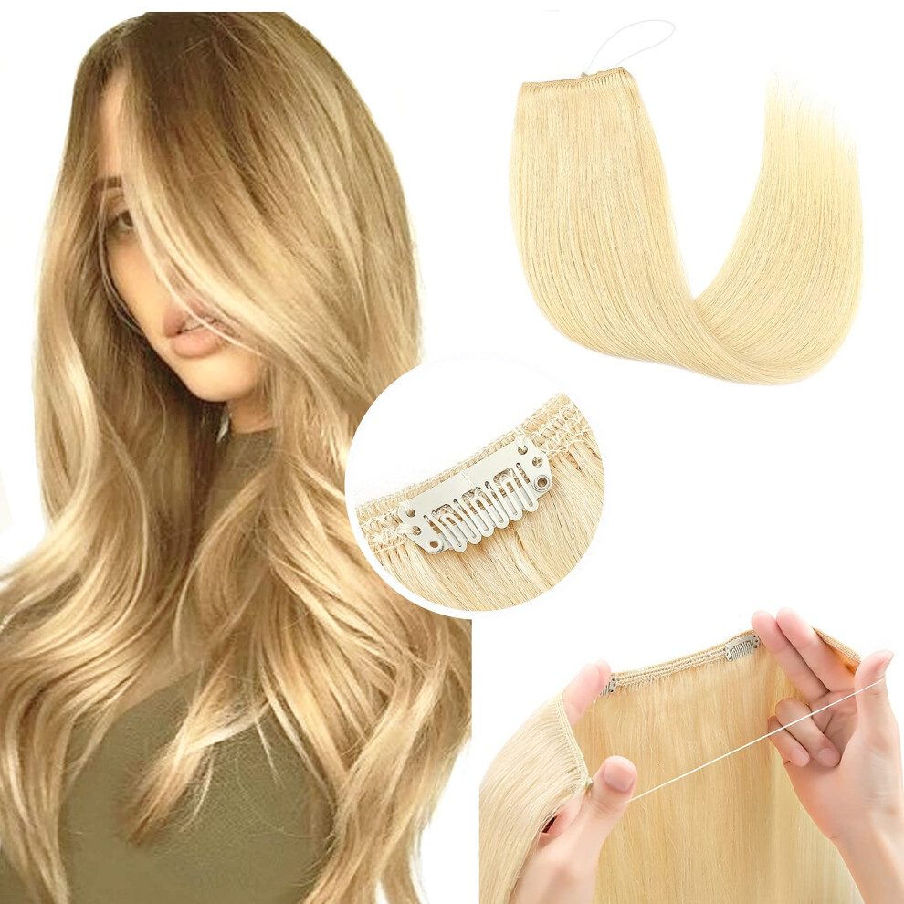 Unisex Invisible Wire Hair Extensions With Clips, Remy Human Hair Halo 16 Inch Bleach Blonde 60G