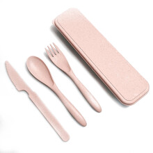 Jygee Wheat Straw Tableware Set Portable Reusable Solid Color Flatware Kit Indoor Outdoor Home Camping Dinnerware with Storage Case Pink
