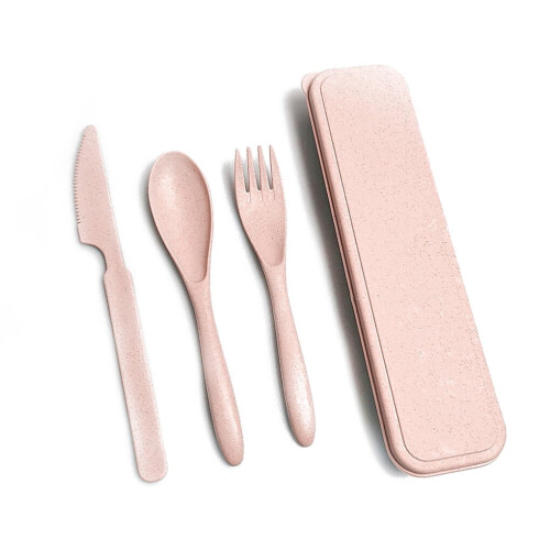 Jygee Wheat Straw Tableware Set Portable Reusable Solid Color Flatware Kit Indoor Outdoor Home Camping Dinnerware with Storage Case Pink 1
