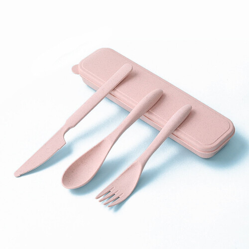 Jygee Wheat Straw Tableware Set Portable Reusable Solid Color Flatware Kit Indoor Outdoor Home Camping Dinnerware with Storage Case Pink 2