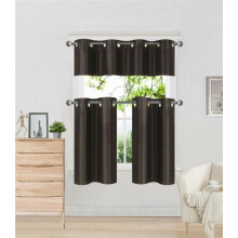 K7 Brown 3-Piece Faux Silk Blackout Grommet Curtain Set: 2 Tiers (28"W x 24"L) + 1 Valance (56"W x 14"L), Lined