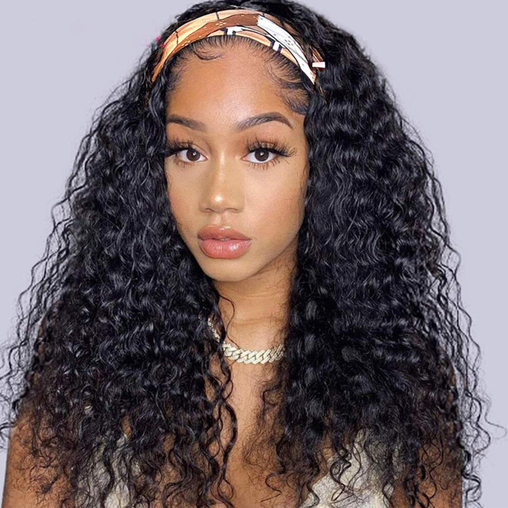 Curly Human Hair Wig 150 Density Natural Color 22 Inch No Glue Headband Wig for Black Women