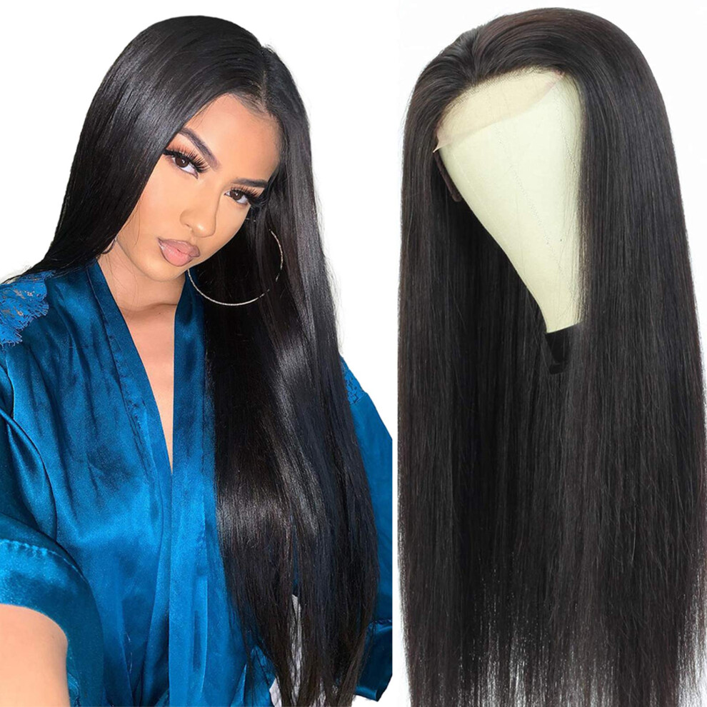 Unisex Black Brazilian Virgin Human Hair Wig 4X4 Lace Closure Straight 24 Inch Natural 130% Density Preplucked Baby Hair