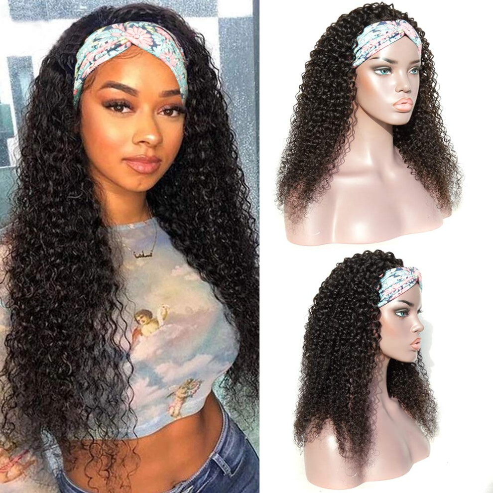 Unisex Headband Wig Kinky Curly Human Hair Glueless Antislip Fit Brazilian Virgin 22Inch
