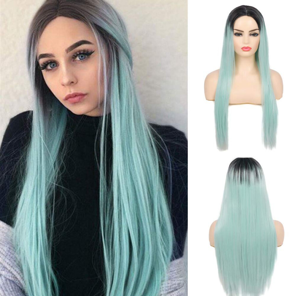 Unisex Green Long Straight Heat Resistant Synthetic Wig For Women With Ombre Mint And Dark Roots