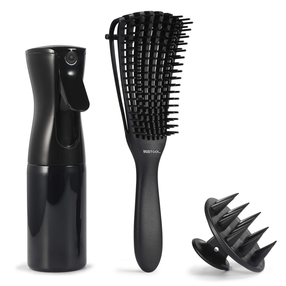 Unisex Detangling Brush For Curly Hair Care Set With Spray Bottle And Scalp Massager, 3Pcs For Wet Or Dry