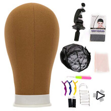 Canvas Block Wig Head 22 Inch Khaki with Stand and Accessories for Wig Making