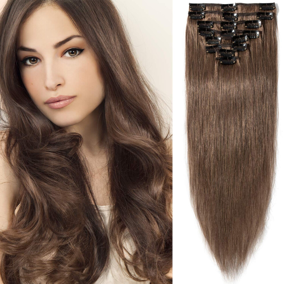 Clip In Human Hair Extensions for Thin Hair Silky Straight Brazilian Remy Full Head 20' Light Brown