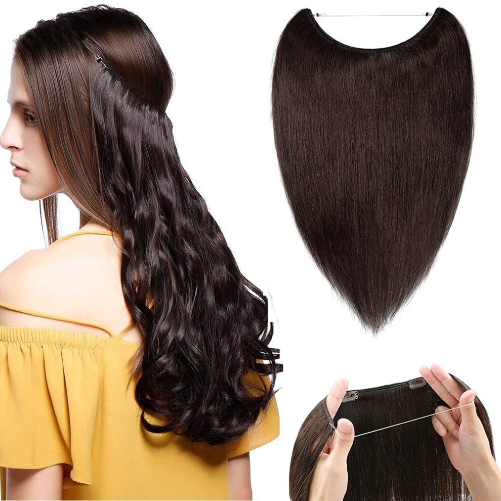 Unisex Brown Invisible Wire Human Hair Extensions 24 Inch Dark Halo With Instant Length And Volume