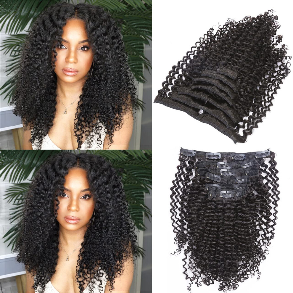 Unisex Black Afro Kinky Curly Human Hair Clip In Extensions 16 Inch Natural 3C 4A Remy For Women
