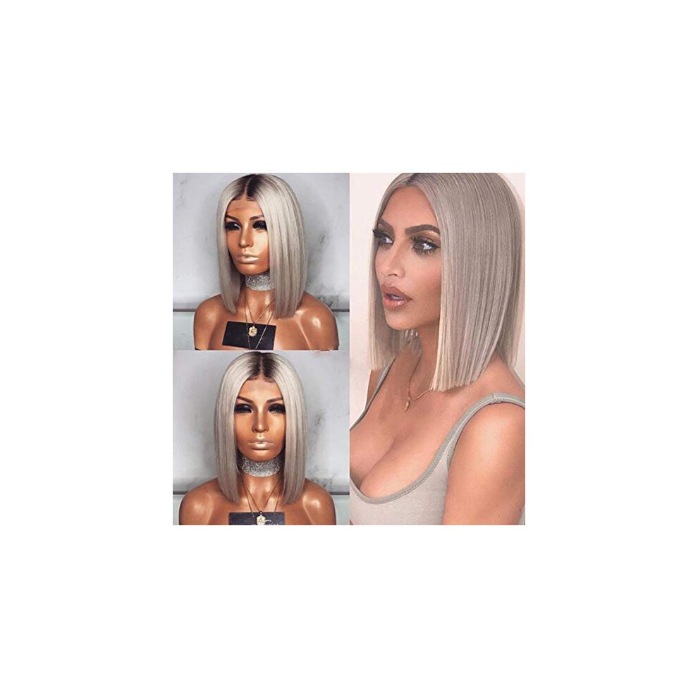 Unisex Black,Silver Short Straight Wig 14 Inch Gradient Black To Silver Heat Resistant Synthetic Middle Part Bob
