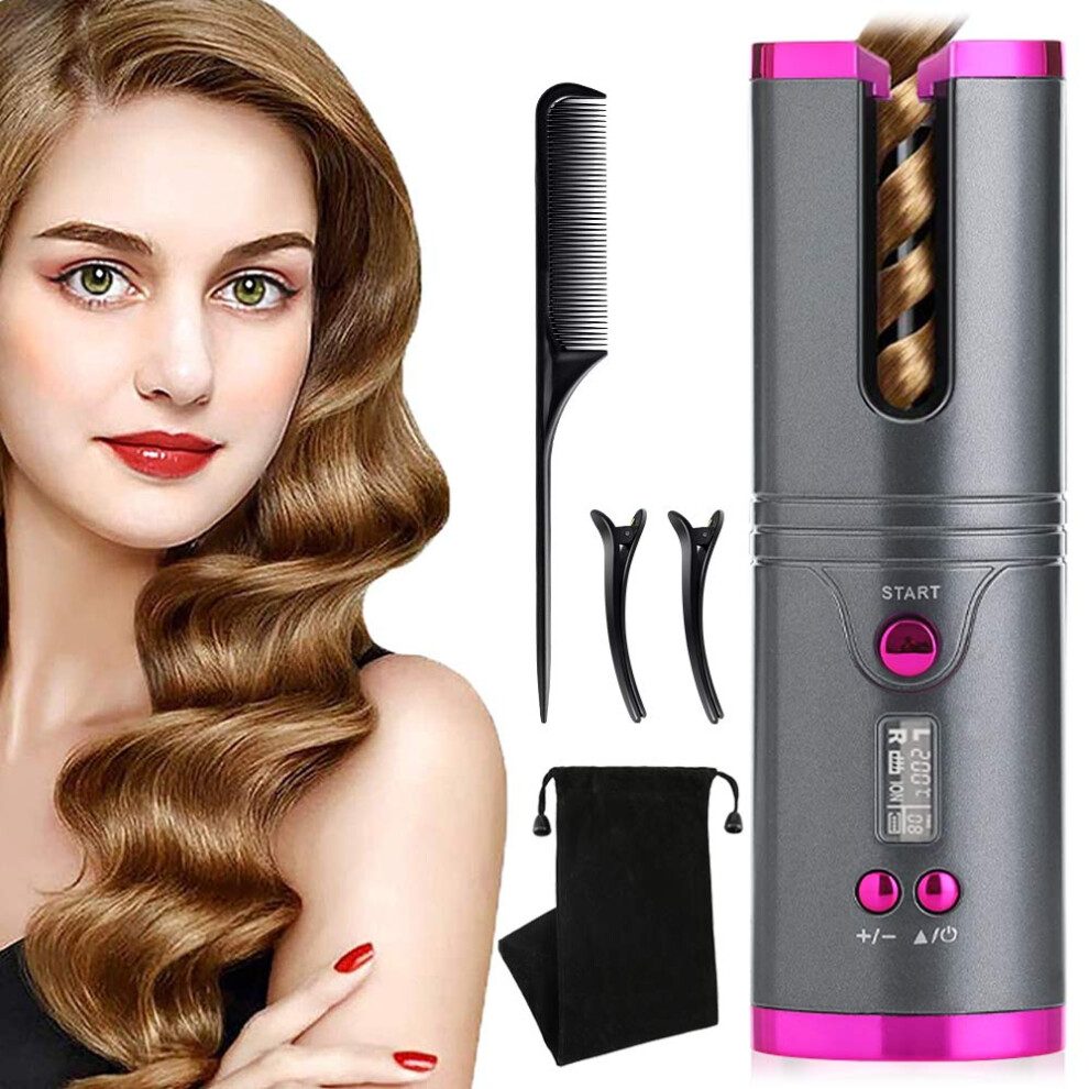 Cordless Hair Curler with LCD Display, USB Rechargeable Automatic Curling Iron for Travel and Home