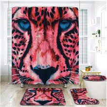 Juego de 4 piezas de cortina de ducha con estampado de leopardo rosa, alfombras y funda para inodoro, compatible con decoración de safari y