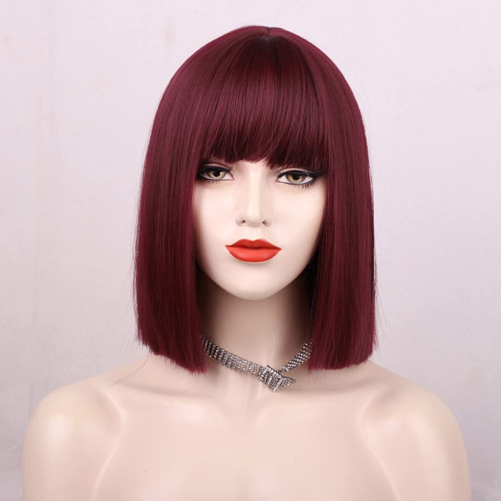 Unisex Red Bob Wig With Bangs Wine Burgundy Short Straight Heat Resistant Synthetic Hair For Women