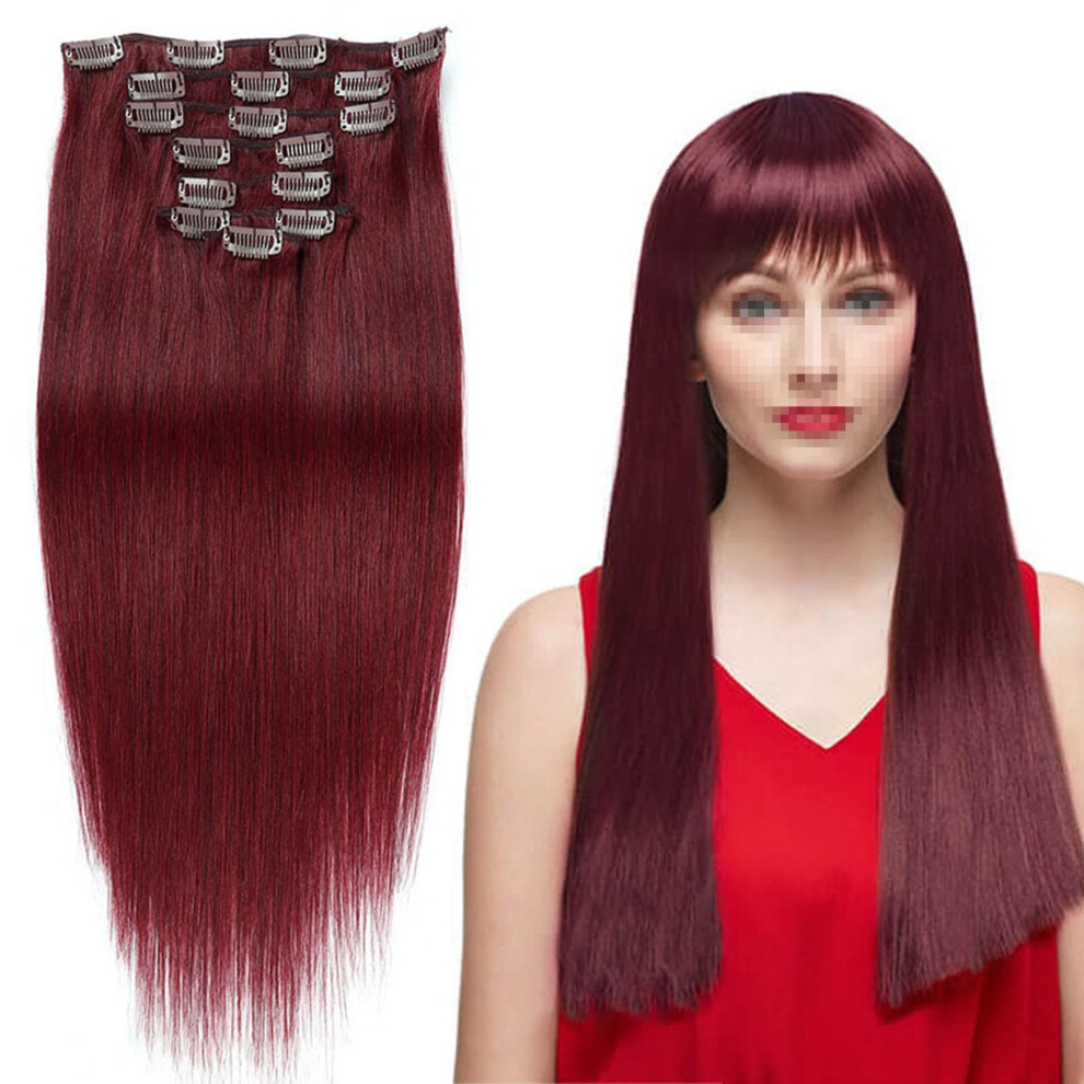Unisex Red 99J Wine Clip In Human Hair Extensions 7Pcs 18 Inch Double Weft Straight Remy Hair Natural Seamless Blend For Women