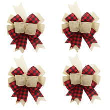 Conjunto de 4 Laços Natalinos Xadrez Búfalo Rústicos em Juta para Guirlanda, Decoração de Festas, Casamentos e Cozinha (24 x 30 cm)