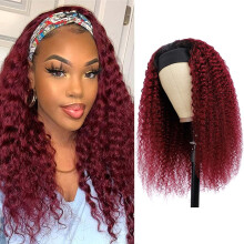 Ombre Red Curly Human Hair Headband Wig NoLace Quick Wear 180% Volume 18 Inches for Women