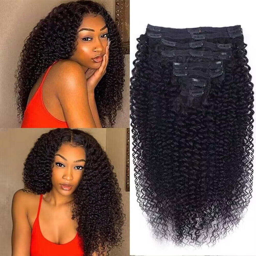 Unisex Black 24 Inch Kinky Curly Clip In Hair Extensions For Women, Double Weft Remy Human Hair 8Pcs 120G
