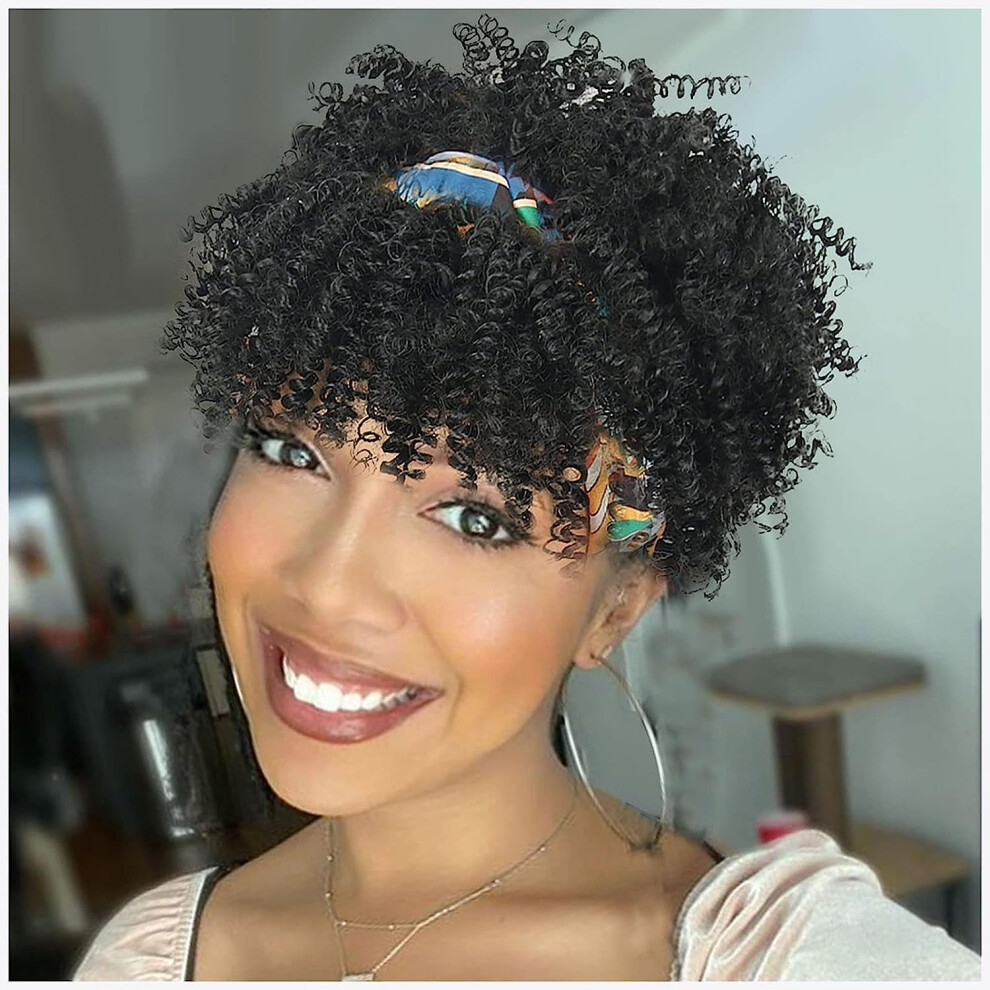 Unisex Black Afro Curly Headband Wig With Bangs Short Kinky Curly Drawstring Ponytail For Women