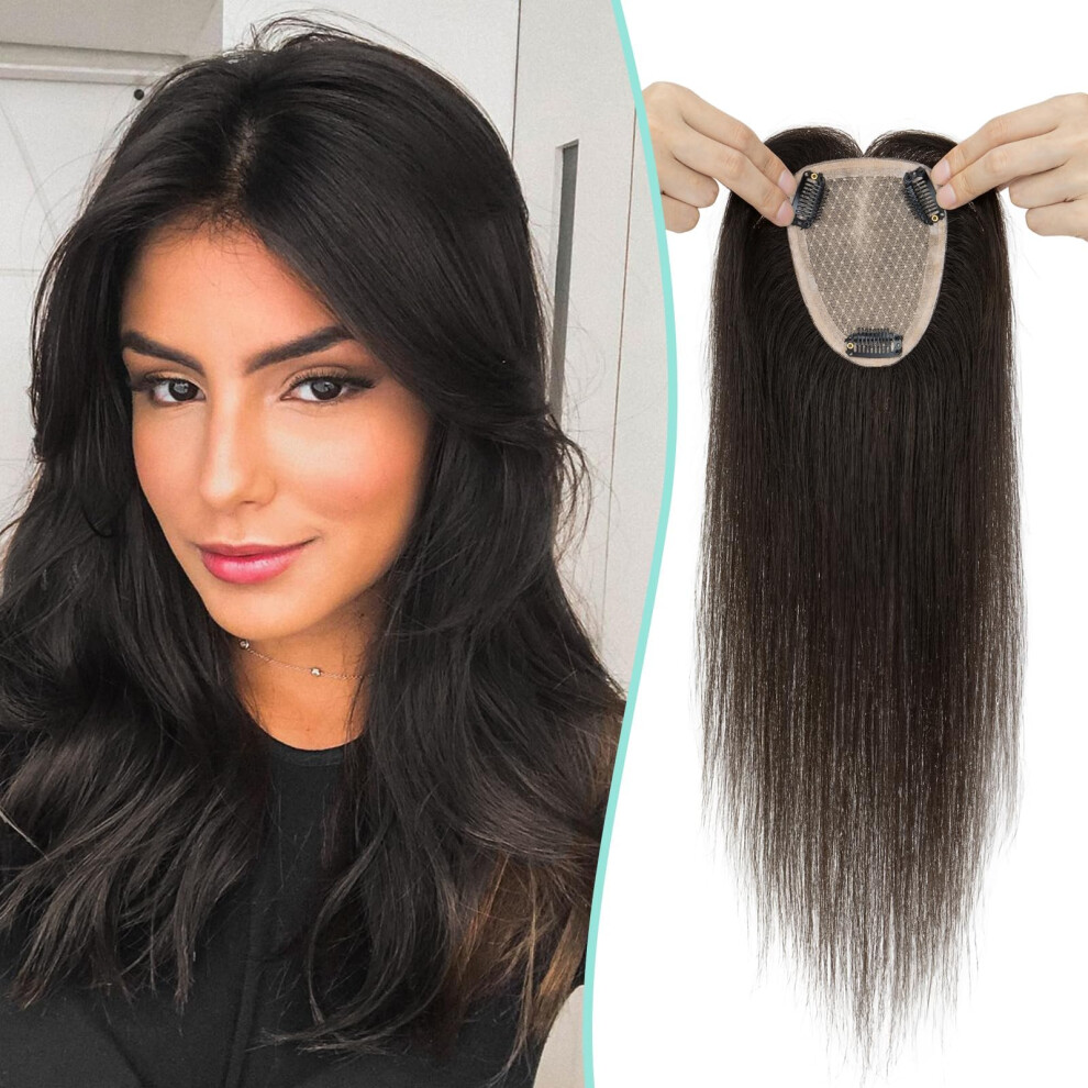Unisex 12 Inch Remy Human Hair Topper For Women, Silk Base No Bangs Clip In For Thinning Hair