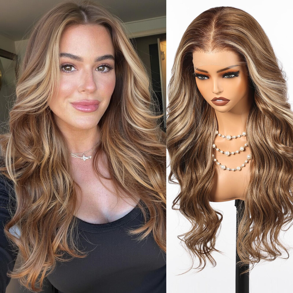 Unisex Brown 13X6 Glueless Synthetic Lace Front Wavy Wig 26 Inch Ash Long Curly Hair For Women