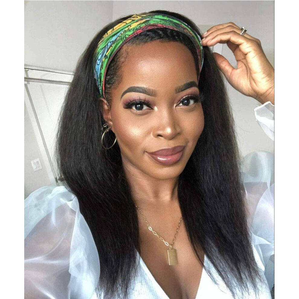Unisex Black Headband Wig For Women Yaki Straight Synthetic Hair Heat Resistant Fiber Natural Hairline Look