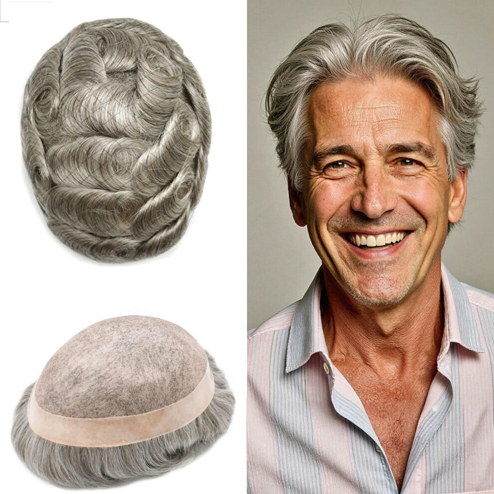 Unisex Brown,Grey Men's Hair Toupee 8X10 Dark Brown Grey 120% Density Human Hairpiece With Mono Lace Front And Natural Scalp Appearance