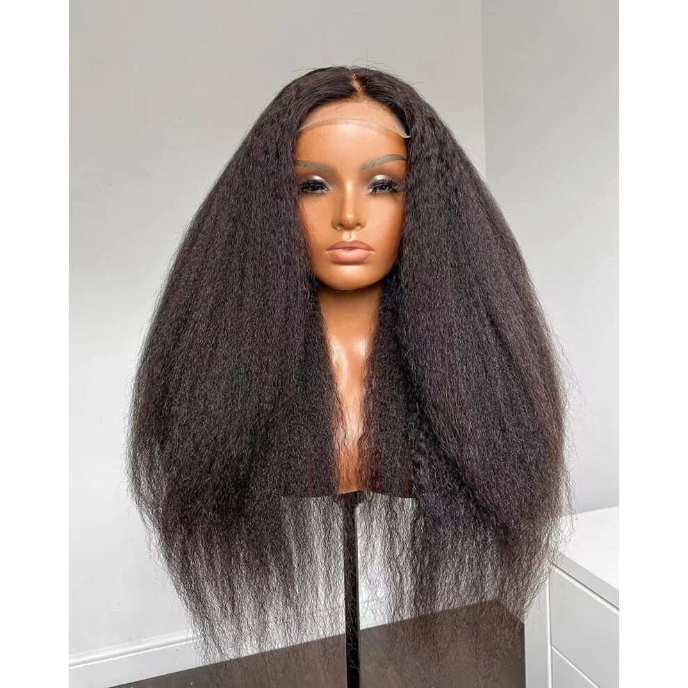 Unisex 16 Inch Kinky Straight Lace Front Wig Virgin Brazilian Human Hair Glueless Pre Plucked 13X6 Frontal With Baby Hair Natural Hairline