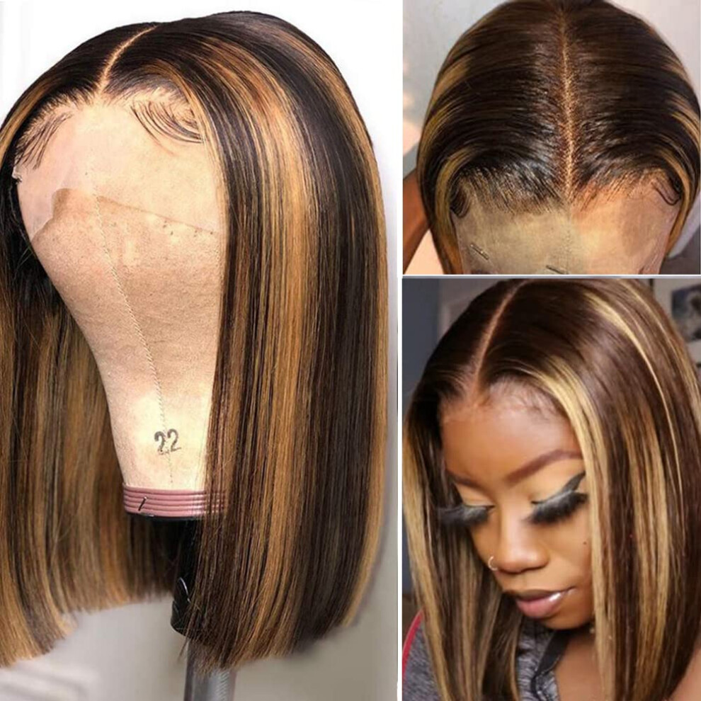 Unisex Ombre Human Hair Bob Wig 12 Inch Straight Lace Front With Highlights Pre Plucked Natural Hairline