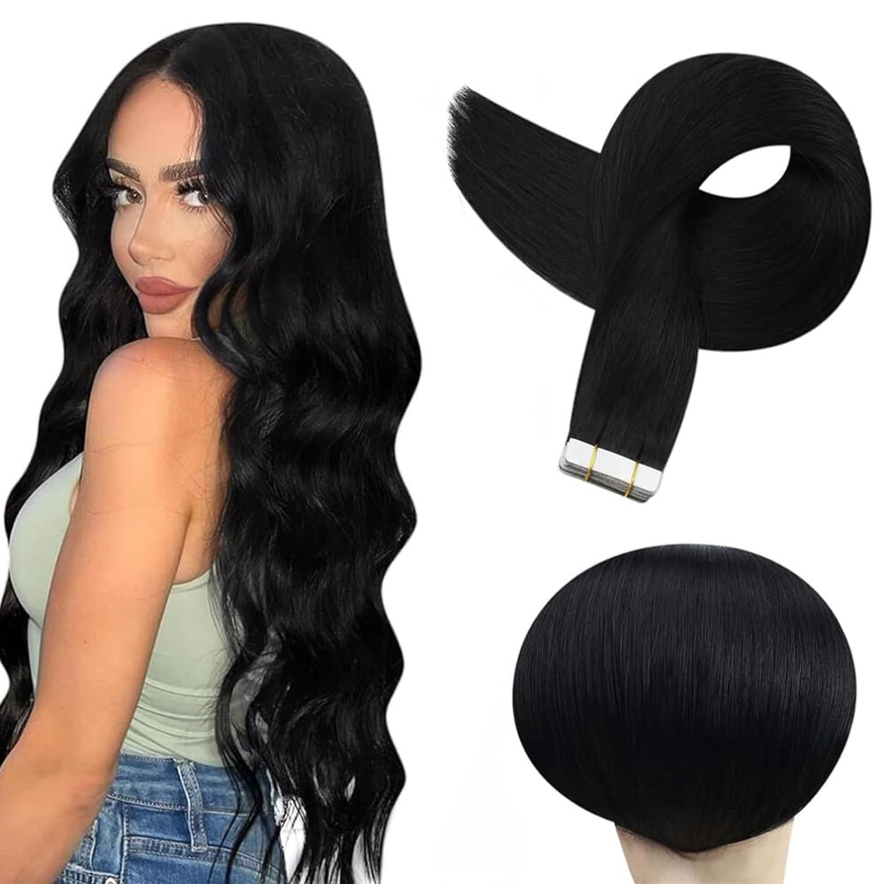 Unisex Black 28 Inch Tape In Hair Extensions Remy Human Hair Seamless Natural Blend Invisible Tape 50G 20Pcs