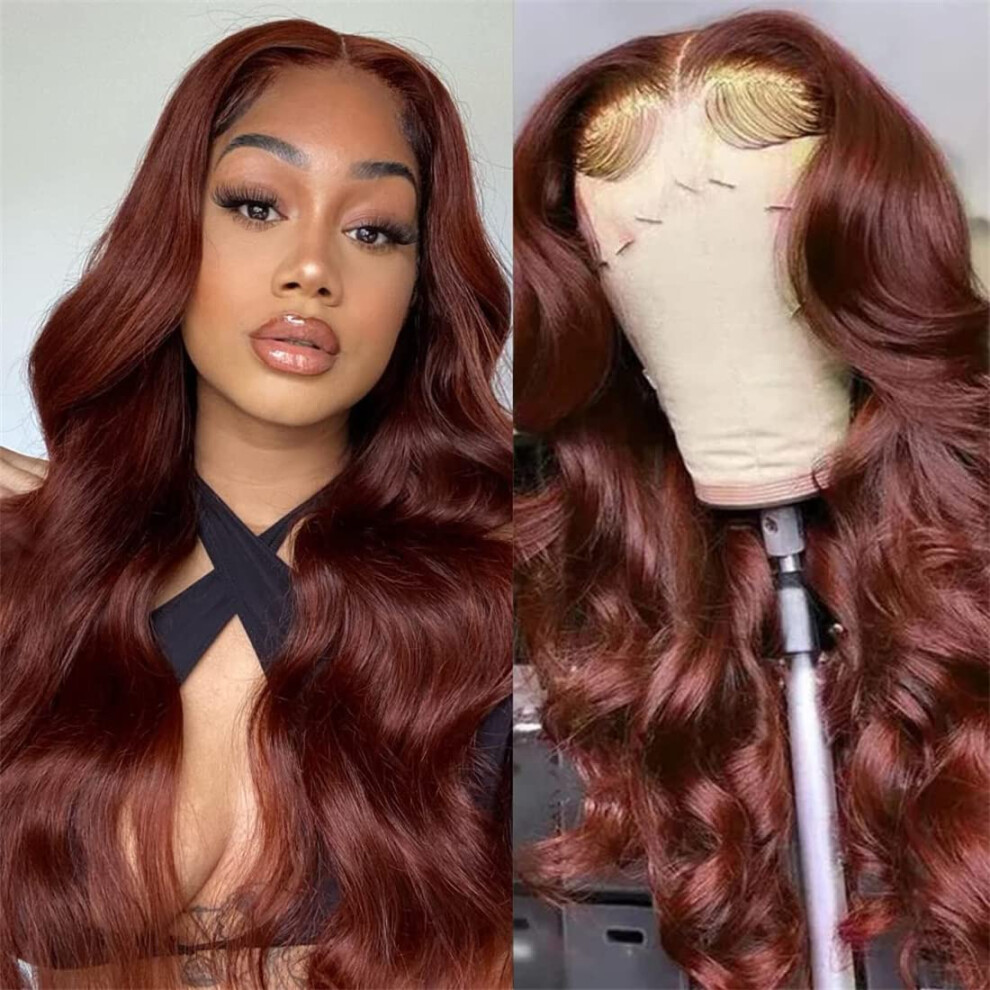 Unisex Black,Red,Brown Reddish Brown Body Wave Human Hair Wig 13X4 Hd Lace Front 26 Inch Auburn Pre Plucked Glueless 150% Density For Black Women