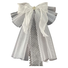 Bridal Veil Bow with Comb, Elegant Bowknot, Faux Pearl, Double Layer Soft Yarn, 45cm White