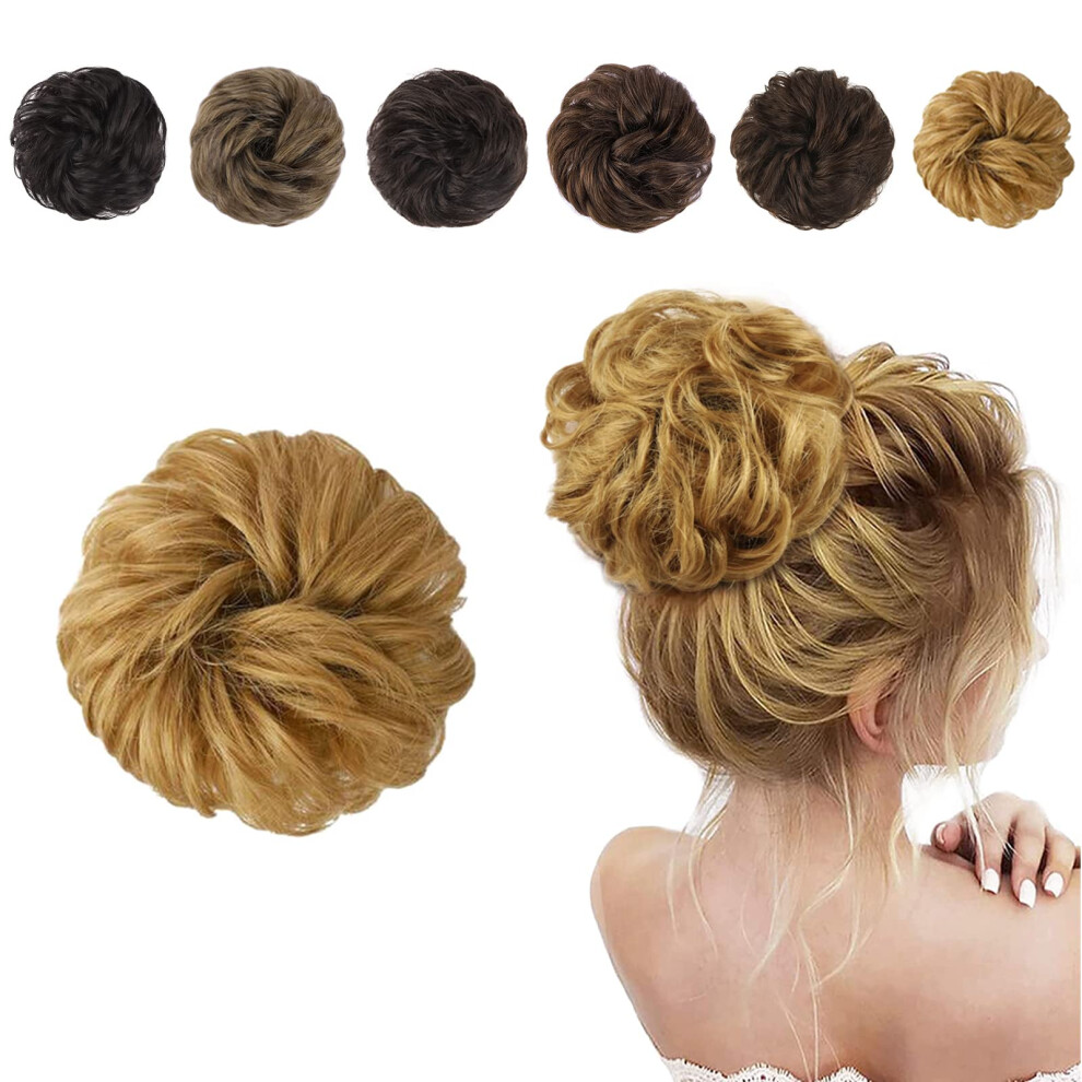Dark Blonde Wavy Human Hair Extensions Messy Bun Hair Piece Adds Volume Instantly 25g