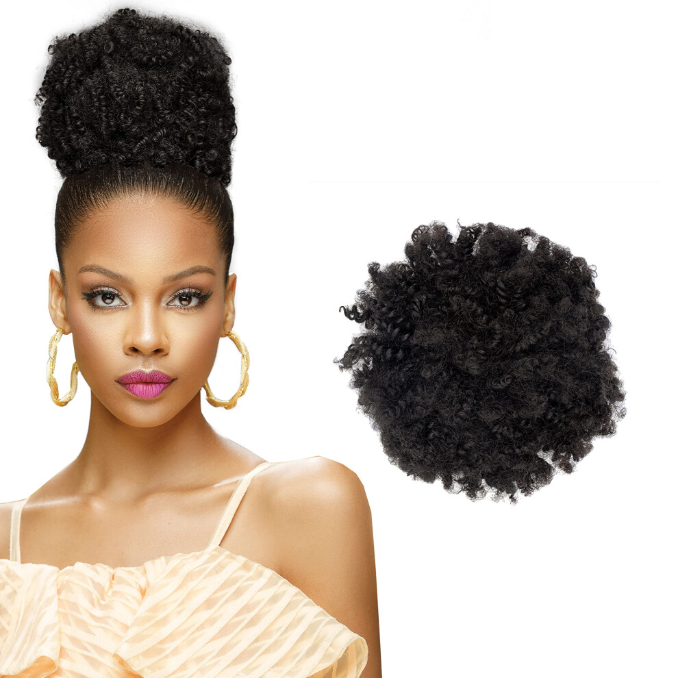 Unisex Afro Puff Ponytail Hair Extension Kinky Curly Drawstring Clipin Bun #1B Natural Soft Texture