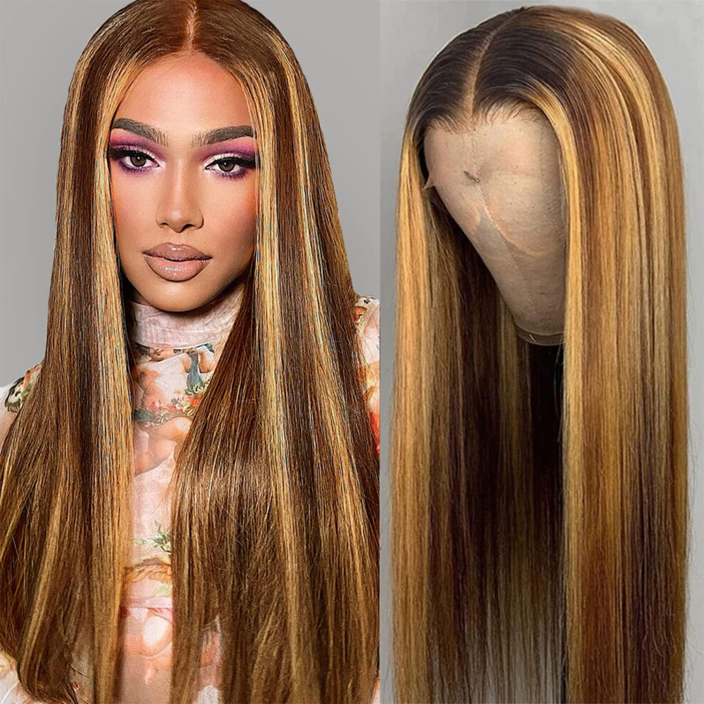 4/27 Ombre Highlight Human Hair Lace Front Wig 13x4 Pre Plucked Honey Blonde Straight Wig for Black Women 18 Inch