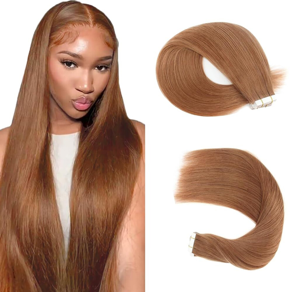 Unisex Brown #30 Tape In Hair Extensions 28 Inch Seamless Remy Human Hair Skin Weft Invisible Natural Shine