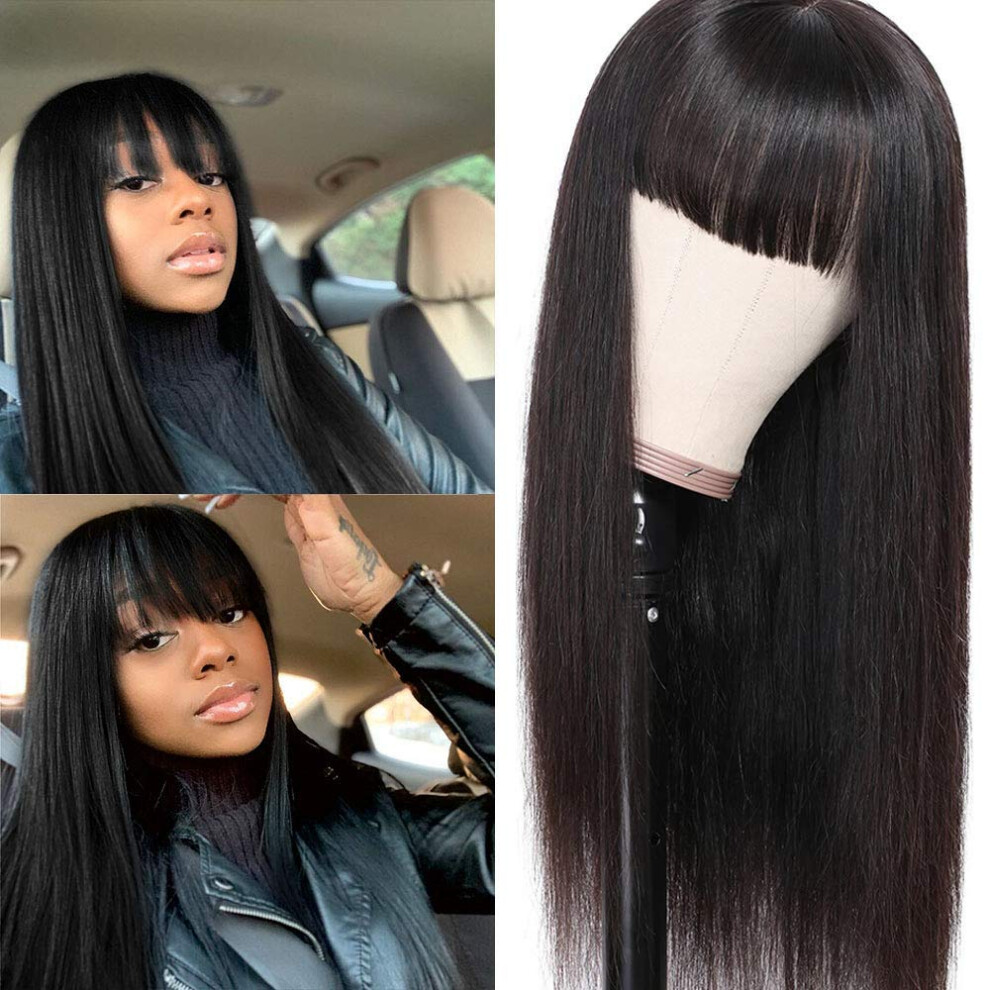 Unisex Black Brazilian Straight Human Hair Wig With Bangs 24 Inch Glueless Natural Tangleâ For Women