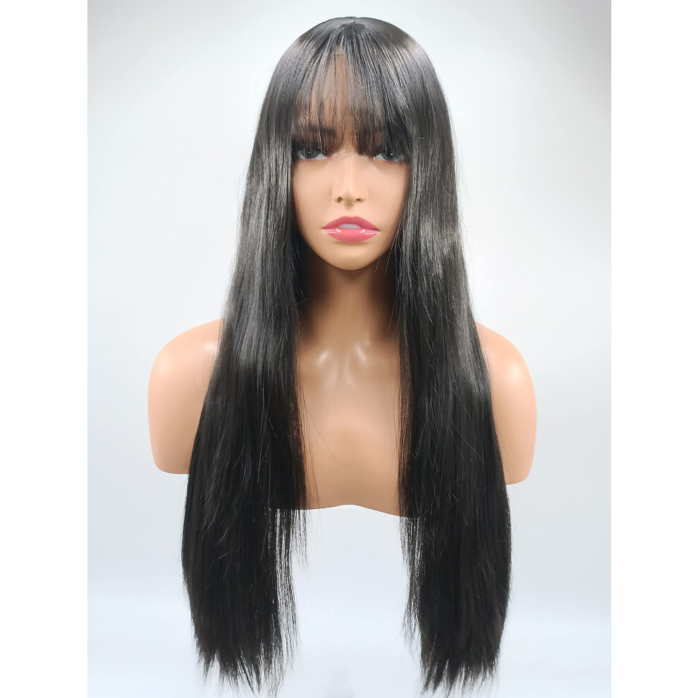Long Wave Wig 26 Inch Natural Black Heat Resistant Synthetic Wigs for Women with Bangs