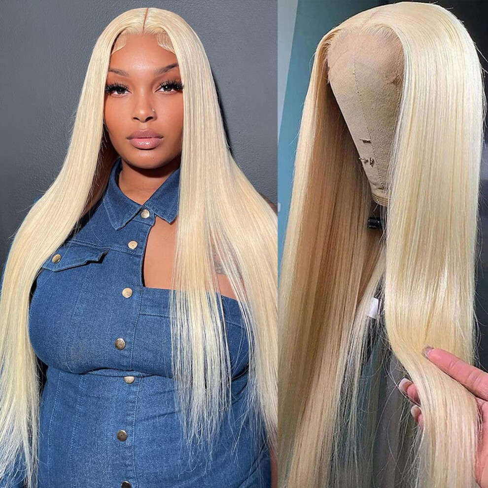 Unisex 28 Inch Blonde Human Hair Lace Front Wig Hd 613 Honey Blonde Pre Plucked Glueless 150% Density