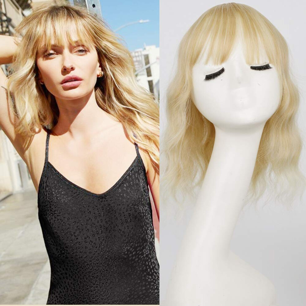 Unisex Yellow Hair Topper With Bangs Curly Wavy Synthetic Clipin For Women Honey Blonde Mix Bleach Blonde